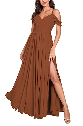 Damen Off Shoulder Brautjungfernkleider Lange Chiffon formelles Abendkleid mit Schlitz Spaghetti-Träger Partykleider von Sincemeet