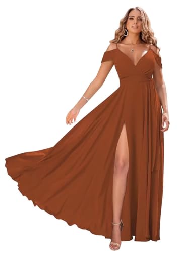 Damen Off Shoulder Brautjungfernkleider Lange Chiffon formelles Abendkleid mit Schlitz Spaghetti-Träger Partykleider von Sincemeet