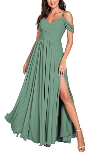 Damen Off Shoulder Brautjungfernkleider Lange Chiffon formelles Abendkleid mit Schlitz Spaghetti-Träger Partykleider von Sincemeet