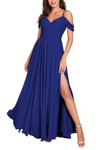 Damen Off Shoulder Brautjungfernkleider Lange Chiffon formelles Abendkleid mit Schlitz Spaghetti-Träger Partykleider von Sincemeet