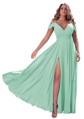 Damen Off Shoulder Brautjungfernkleider Lange Chiffon formelles Abendkleid mit Schlitz Spaghetti-Träger Partykleider von Sincemeet