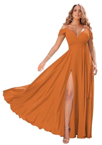 Damen Off Shoulder Brautjungfernkleider Lange Chiffon formelles Abendkleid mit Schlitz Spaghetti-Träger Partykleider von Sincemeet