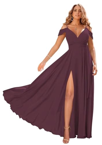 Damen Off Shoulder Brautjungfernkleider Lange Chiffon formelles Abendkleid mit Schlitz Spaghetti-Träger Partykleider Damen Off Shoulder Brautjungfernkleider Lange Chiffon formelles Abendkleid mit Schlitz Spaghetti-Träger Partykleider von Sincemeet