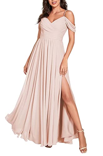 Damen Off Shoulder Brautjungfernkleider Lange Chiffon formelles Abendkleid mit Schlitz Spaghetti-Träger Partykleider von Sincemeet