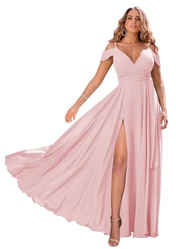 Damen Off Shoulder Brautjungfernkleider Lange Chiffon formelles Abendkleid mit Schlitz Spaghetti-Träger Partykleider von Sincemeet