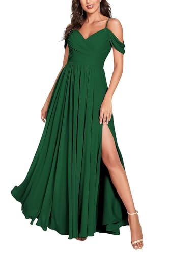 Damen Off Shoulder Brautjungfernkleider Lange Chiffon formelles Abendkleid mit Schlitz Spaghetti-Träger Partykleider von Sincemeet