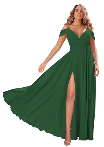 Damen Off Shoulder Brautjungfernkleider Lange Chiffon formelles Abendkleid mit Schlitz Spaghetti-Träger Partykleider von Sincemeet