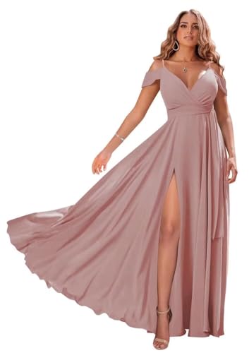 Damen Off Shoulder Brautjungfernkleider Lange Chiffon formelles Abendkleid mit Schlitz Spaghetti-Träger Partykleider von Sincemeet