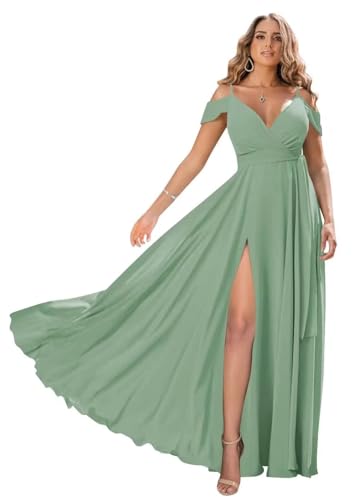 Damen Off Shoulder Brautjungfernkleider Lange Chiffon formelles Abendkleid mit Schlitz Spaghetti-Träger Partykleider Staubiger Salbei Damen Off Shoulder Brautjungfernkleider Lange Chiffon formelles Abendkleid mit Schlitz Spaghetti-Träger Partykleider Staubiger Salbei von Sincemeet