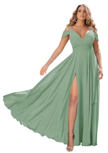 Damen Off Shoulder Brautjungfernkleider Lange Chiffon formelles Abendkleid mit Schlitz Spaghetti-Träger Partykleider von Sincemeet