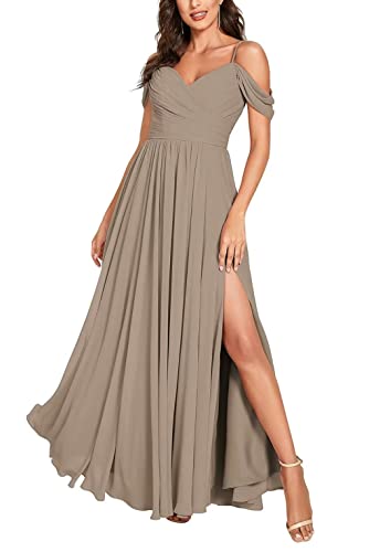 Damen Off Shoulder Brautjungfernkleider Lange Chiffon formelles Abendkleid mit Schlitz Spaghetti-Träger Partykleider von Sincemeet