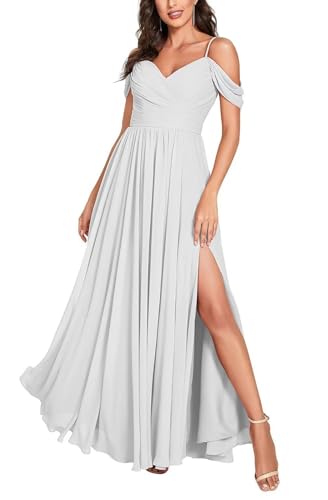 Damen Off Shoulder Brautjungfernkleider Lange Chiffon formelles Abendkleid mit Schlitz Spaghetti-Träger Partykleider von Sincemeet