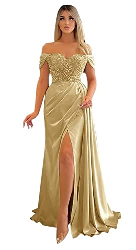 Damen Off Shoulder Satin Abendkleider Satin Perlen Lange Schlitz Brautjungfernkleid Gerafft Formal Abendkleider mit. Damen Off Shoulder Satin Abendkleider Satin Perlen Lange Schlitz Brautjungfernkleid Gerafft Formal Abendkleider mit. von Sincemeet