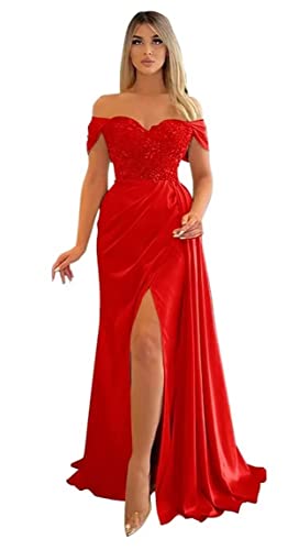 Damen Off Shoulder Satin Abendkleider Satin Perlen Lange Schlitz Brautjungfernkleid Gerafft Formal Abendkleider mit. von Sincemeet