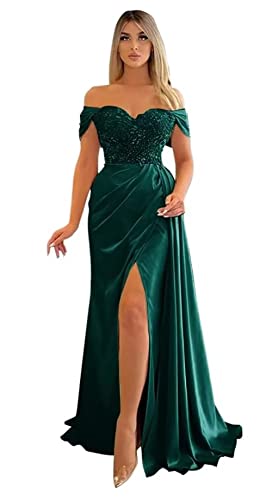 Damen Off Shoulder Satin Abendkleider Satin Perlen Lange Schlitz Brautjungfernkleid Gerafft Formal Abendkleider mit. von Sincemeet