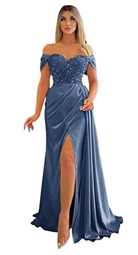 Damen Off Shoulder Satin Abendkleider Satin Perlen Lange Schlitz Brautjungfernkleid Gerafft Formal Abendkleider mit. Damen Off Shoulder Satin Abendkleider Satin Perlen Lange Schlitz Brautjungfernkleid Gerafft Formal Abendkleider mit. von Sincemeet