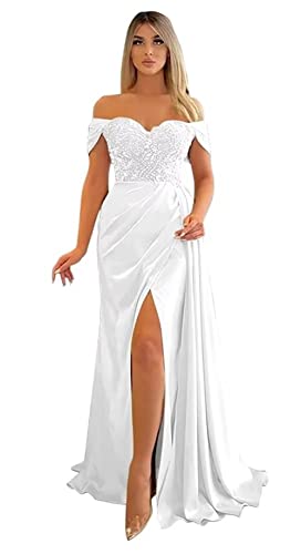 Damen Off Shoulder Satin Abendkleider Satin Perlen Lange Schlitz Brautjungfernkleid Gerafft Formal Abendkleider mit. von Sincemeet