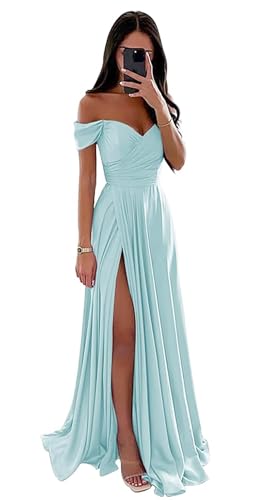 Damen Off Shoulder Satin Brautjungfernkleider Lang Split Elegant Formal Kleid Abendkleider A Linie Hochzeit Party Kleid von Sincemeet