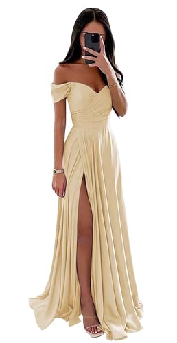 Damen Off Shoulder Satin Brautjungfernkleider Lang Split Elegant Formal Kleid Abendkleider A Linie Hochzeit Party Kleid Damen Off Shoulder Satin Brautjungfernkleider Lang Split Elegant Formal Kleid Abendkleider A Linie Hochzeit Party Kleid von Sincemeet