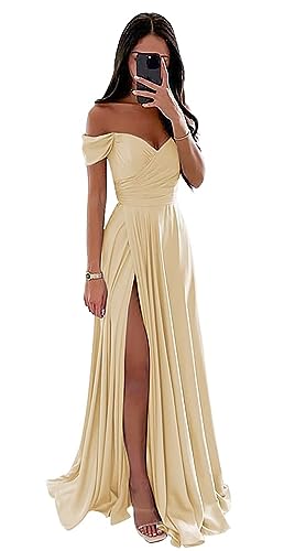 Damen Off Shoulder Satin Brautjungfernkleider Lang Split Elegant Formal Kleid Abendkleider A Linie Hochzeit Party Kleid von Sincemeet