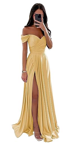 Damen Off Shoulder Satin Brautjungfernkleider Lang Split Elegant Formal Kleid Abendkleider A Linie Hochzeit Party Kleid von Sincemeet