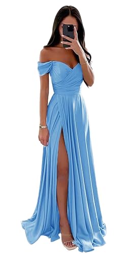 Damen Off Shoulder Satin Brautjungfernkleider Lang Split Elegant Formal Kleid Abendkleider A Linie Hochzeit Party Kleid von Sincemeet