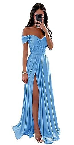 Damen Off Shoulder Satin Brautjungfernkleider Lang Split Elegant Formal Kleid Abendkleider A Linie Hochzeit Party Kleid von Sincemeet