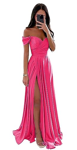 Damen Off Shoulder Satin Brautjungfernkleider Lang Split Elegant Formal Kleid Abendkleider A Linie Hochzeit Party Kleid von Sincemeet