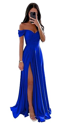 Damen Off Shoulder Satin Brautjungfernkleider Lang Split Elegant Formal Kleid Abendkleider A Linie Hochzeit Party Kleid von Sincemeet