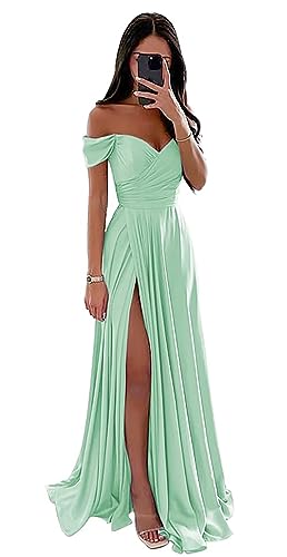 Damen Off Shoulder Satin Brautjungfernkleider Lang Split Elegant Formal Kleid Abendkleider A Linie Hochzeit Party Kleid von Sincemeet