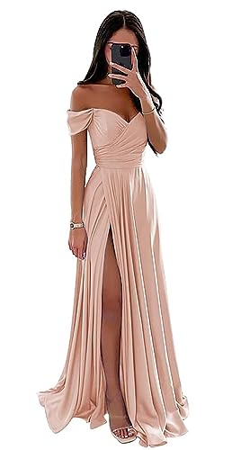 Damen Off Shoulder Satin Brautjungfernkleider Lang Split Elegant Formal Kleid Abendkleider A Linie Hochzeit Party Kleid von Sincemeet