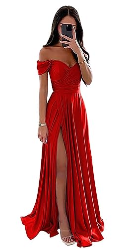 Damen Off Shoulder Satin Brautjungfernkleider Lang Split Elegant Formal Kleid Abendkleider A Linie Hochzeit Party Kleid von Sincemeet