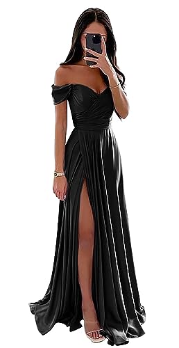 Damen Off Shoulder Satin Brautjungfernkleider Lang Split Elegant Formal Kleid Abendkleider A Linie Hochzeit Party Kleid von Sincemeet