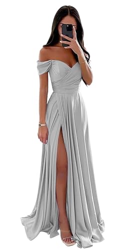 Damen Off Shoulder Satin Brautjungfernkleider Lang Split Elegant Formal Kleid Abendkleider A Linie Hochzeit Party Kleid von Sincemeet