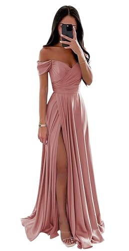 Damen Off Shoulder Satin Brautjungfernkleider Lang Split Elegant Formal Kleid Abendkleider A Linie Hochzeit Party Kleid von Sincemeet