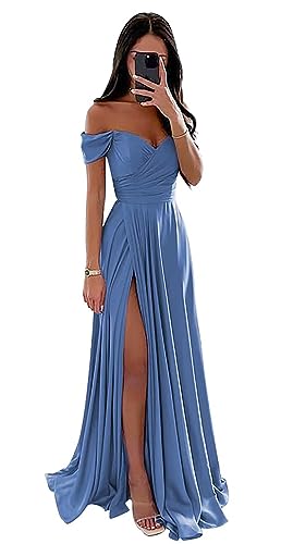 Damen Off Shoulder Satin Brautjungfernkleider Lang Split Elegant Formal Kleid Abendkleider A Linie Hochzeit Party Kleid von Sincemeet