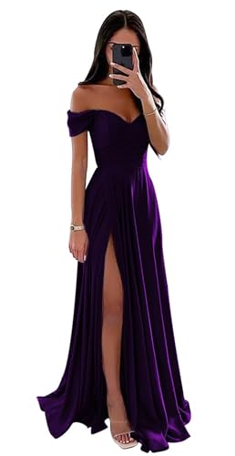 Damen Off Shoulder Satin Brautjungfernkleider Lang Split Elegant Formal Kleid Abendkleider A Linie Hochzeit Party Kleid Damen Off Shoulder Satin Brautjungfernkleider Lang Split Elegant Formal Kleid Abendkleider A Linie Hochzeit Party Kleid von Sincemeet