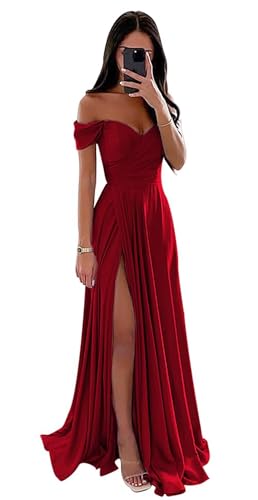 Damen Off Shoulder Satin Brautjungfernkleider Lang Split Elegant Formal Kleid Abendkleider A Linie Hochzeit Party Kleid von Sincemeet