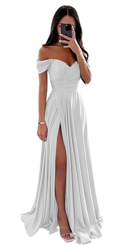 Damen Off Shoulder Satin Brautjungfernkleider Lang Split Elegant Formal Kleid Abendkleider A Linie Hochzeit Party Kleid von Sincemeet