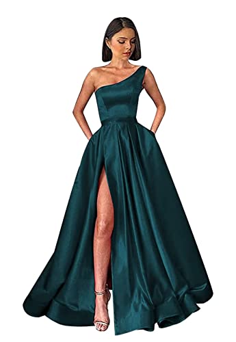 Damen One Shoulder Ballkleider Lange Schlitz Satin A-Linie Formelle Abendkleider Sexy Partykleid von Sincemeet