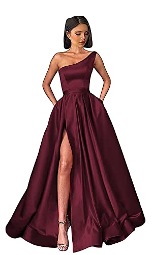 Damen One Shoulder Ballkleider Lange Schlitz Satin A-Linie Formelle Abendkleider Sexy Partykleid von Sincemeet