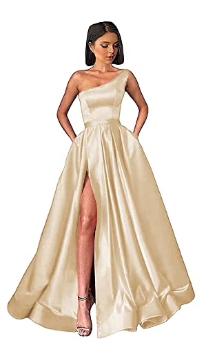 Damen One Shoulder Ballkleider Lange Schlitz Satin A-Linie Formelle Abendkleider Sexy Partykleid von Sincemeet