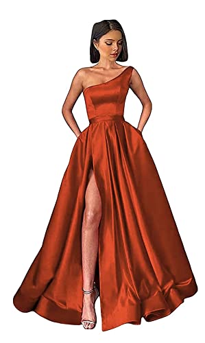 Damen One Shoulder Ballkleider Lange Schlitz Satin A-Linie Formelle Abendkleider Sexy Partykleid von Sincemeet