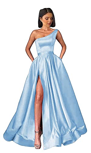 Damen One Shoulder Ballkleider Lange Schlitz Satin A-Linie Formelle Abendkleider Sexy Partykleid von Sincemeet