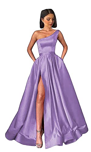 Damen One Shoulder Ballkleider Lange Schlitz Satin A-Linie Formelle Abendkleider Sexy Partykleid von Sincemeet