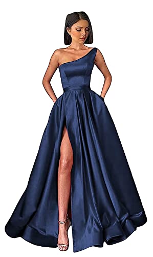 Damen One Shoulder Ballkleider Lange Schlitz Satin A-Linie Formelle Abendkleider Sexy Partykleid von Sincemeet