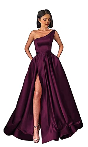 Damen One Shoulder Ballkleider Lange Schlitz Satin A-Linie Formelle Abendkleider Sexy Partykleid von Sincemeet