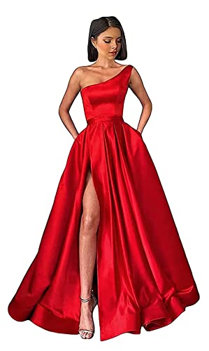 Damen One Shoulder Ballkleider Lange Schlitz Satin A-Linie Formelle Abendkleider Sexy Partykleid von Sincemeet