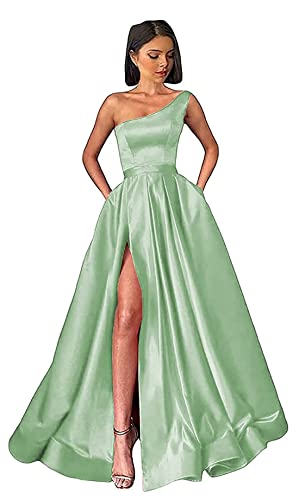 Damen One Shoulder Ballkleider Lange Schlitz Satin A-Linie Formelle Abendkleider Sexy Partykleid von Sincemeet