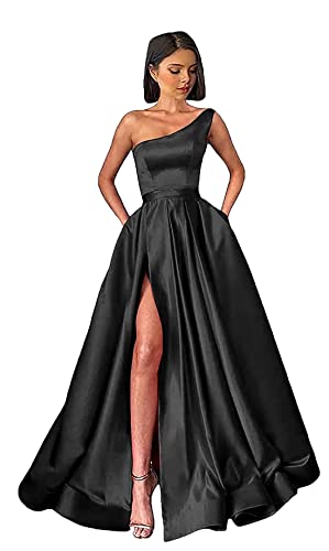 Damen One Shoulder Ballkleider Lange Schlitz Satin A-Linie Formelle Abendkleider Sexy Partykleid von Sincemeet